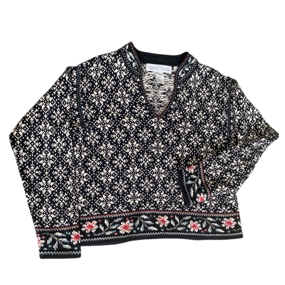 Nomadic Trading Nordic Fair Isle Cropped Cotton Sweater V-neck women’s Sz S - Picture 5 of 9